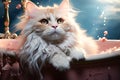 ginger fluffy Maine coon washes in the basin. cat spa. pet care. grooming pet