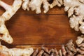 Ginger,galangal and curcuma longa on wood