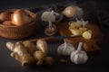 Ginger, Garlic, Onion - A Vegetable Mixture To Increase Immunity From Viruses On A Dark Table.
