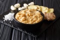 Ginger Garlic paste Fresh mashed Adrak and Lahsun in wooden bowl