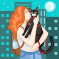 Ginger girl with black cat in night city vector image