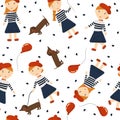 Redhead girl with a dog a Dachshund and a balloon. Pattern girls in different styles Royalty Free Stock Photo