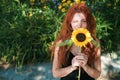 Ginger girl posing with sunflower outdoor Royalty Free Stock Photo