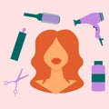 Ginger girl with red lipstick.There are hairdressing tools hairdryer, spray,scissors,brush,shampoo around her head.Pink background