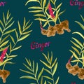 Ginger growing plant with red flower and root with inscription, dark green background