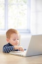 Ginger-haired toddler using laptop at home