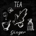 Ginger herbal tea. Chalk board set of elements