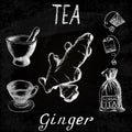 Ginger herbal tea. Chalk board set of elements