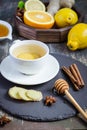 Ginger hot immunity boosting Vitamin natural drink With citrus, honey and cinnamon and ingredients Royalty Free Stock Photo