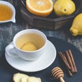 Ginger hot immunity boosting Vitamin natural drink With citrus, honey and cinnamon and ingredients Royalty Free Stock Photo