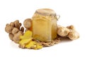 Ginger jam and fresh ginger isolated on a white background Royalty Free Stock Photo