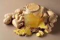 Ginger jam in small square jar and fresh ginger Royalty Free Stock Photo