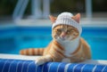 Ginger kitten in chunky knit hat at swimming pool side. Generative AI