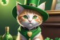 Ginger kitten dons a green hat, St. Patrick\'s Day, green background Royalty Free Stock Photo