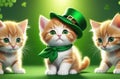 Ginger kitten dons a green hat, St. Patrick\'s Day, green background Royalty Free Stock Photo
