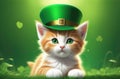 Ginger kitten dons a green hat, St. Patrick\'s Day, green background Royalty Free Stock Photo