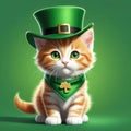 Ginger kitten dons a green hat, St. Patrick\'s Day, green background Royalty Free Stock Photo