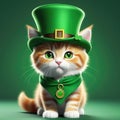 Ginger kitten dons a green hat, St. Patrick\'s Day, green background Royalty Free Stock Photo