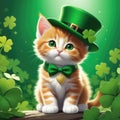 Ginger kitten dons a green hat, St. Patrick\'s Day, green background Royalty Free Stock Photo