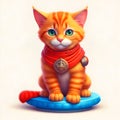A ginger kitten with metal jewelry sits on a blue stand