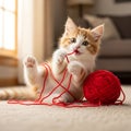 Ginger kitten playing with red yarn on the floor Royalty Free Stock Photo