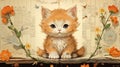 a ginger kitten sits on old sheets of paper with notes