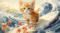 ginger kitten stands on a windsurfing board among the waves