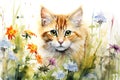 Ginger kitty watercolor illustration of cute cat and spring meadow flowers Royalty Free Stock Photo