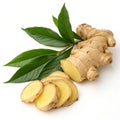 Ginger with leaves and sliced ginger isolated on white Royalty Free Stock Photo