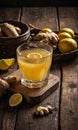 Ginger and lemon fresh cocktail, immunotherapy drink. Healthy ginger tea with lemon and honey on table close-up. Ginger and lemon Royalty Free Stock Photo