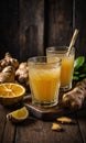 Ginger and lemon fresh cocktail, immunotherapy drink. Healthy ginger tea with lemon and honey on table close-up. Ginger and lemon Royalty Free Stock Photo