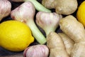 Ginger, lemon and garlic close up. Helthy food. Vitamins