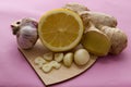 Ginger, lemon, and garlic, fresh and healthy food, concept for natural medicine. Royalty Free Stock Photo