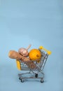 Ginger and lemon and garlic lie inside the supermarket trolley on a blue background. Healthy foods. Health. covyd 19. copy spaes