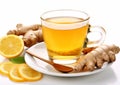 Ginger and lemon tea as perfect immune system booster and cold protection on white background.Macro.AI Generative