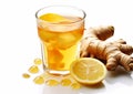 Ginger and lemon tea as perfect immune system booster and cold protection on white background.Macro.AI Generative