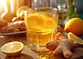 Ginger and lemon tea as perfect immune system booster and cold protection on wooden table.Macro.AI Generative