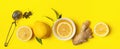 Ginger lemon tea or detox drink in a white cup on a bright yellow background. Healthy eating concept. Copy space Royalty Free Stock Photo