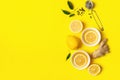 Ginger lemon tea or detox drink in a white cup on a bright yellow background. Healthy eating concept. Copy space. Royalty Free Stock Photo