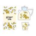 Ginger and lemon tea packaging design, teapot, cup. Hand drawn doodle illustration of healthy drink. Royalty Free Stock Photo