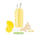 Ginger Lemonade. Glass bottle with Yellow beverage and fruit and vegetable ingredients. Flat vector illustration on