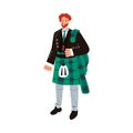 Ginger man in traditional male Scottish costume - green tartan suit with kilt skirt.