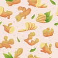 Ginger pattern. Healthy product sliced ginger cartoon illustrations exact vector seamless background