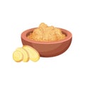 Ginger powder in wooden bowl and slices of root. Cooking ingredient. Fragrant spice. Flat vector design