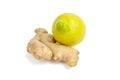 Ginger rhizome and lemon fruit isolated on white background Royalty Free Stock Photo