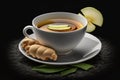Ginger root and ginger slices in a hot teacup, isolated on a gray background Royalty Free Stock Photo