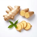 Ginger root and slices isolated on white background with clipping path Royalty Free Stock Photo