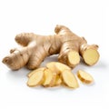 Ginger root and slices isolated on white background with clipping path Royalty Free Stock Photo
