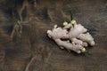 Ginger root with young green sprouts on wooden background Royalty Free Stock Photo