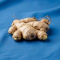 A ginger root Zingiber officinale rests on a blue fabric surface Royalty Free Stock Photo